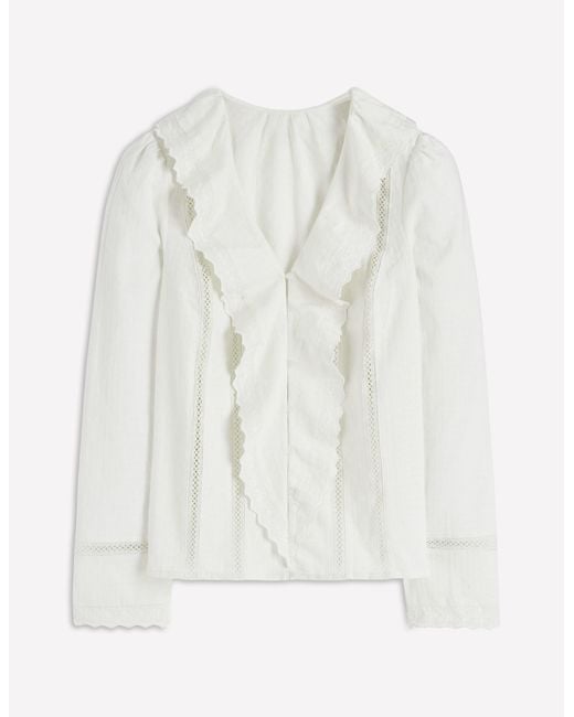 Boden White Ruffle Embroidered Blouse