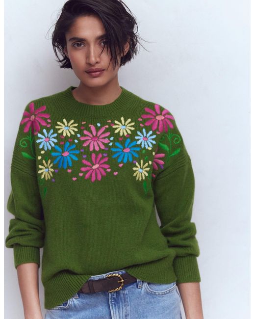 Boden Green Isa Embroidered Jumper-Herb Garden, Flowers