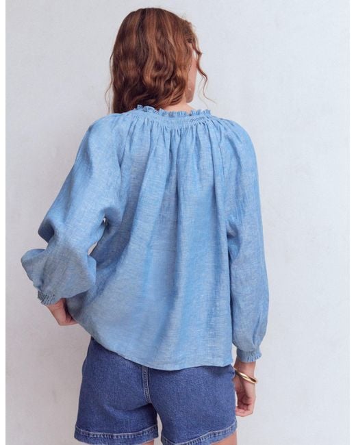 Boden Blue Serena Pleat Neck Linen Top