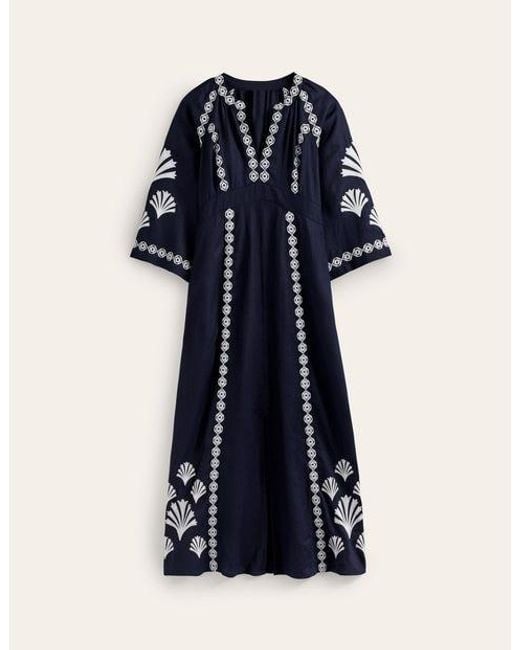 Boden Blue Una Linen Embroidered Dress