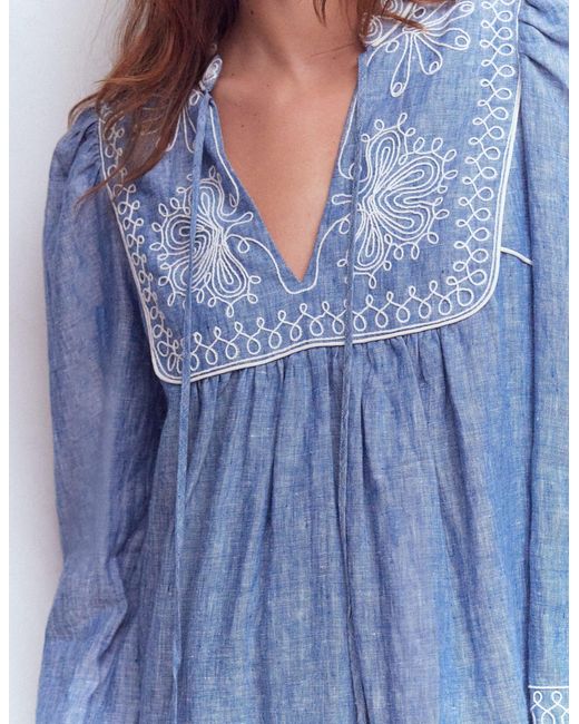 Boden Blue Pia Linen Yoke Tassel Dress