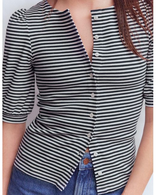 Boden Gray Evie Ribbed Puff Sleeve Top