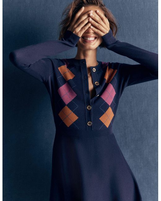 Boden Blue Crew Neck Jacquard Dress