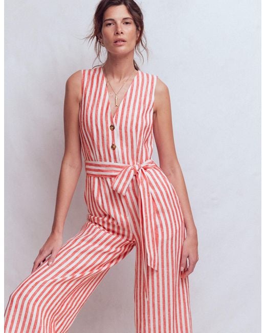Boden Pink Laura V-Neck Linen Jumpsuit