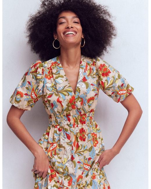 Boden Multicolor Irene Puff Sleeve Dress-Almond Milk, Cheetah Pop