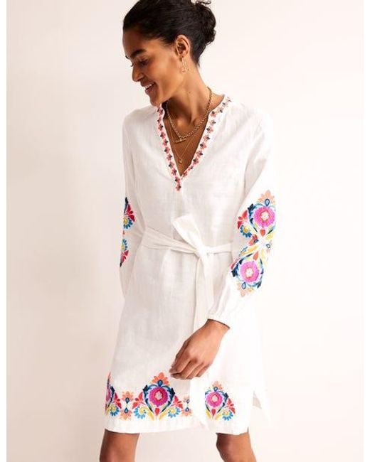 Boden Cleo Embroidered Linen Dress in White | Lyst Boden Cleo Embroidered Linen Dress in White | Lyst
