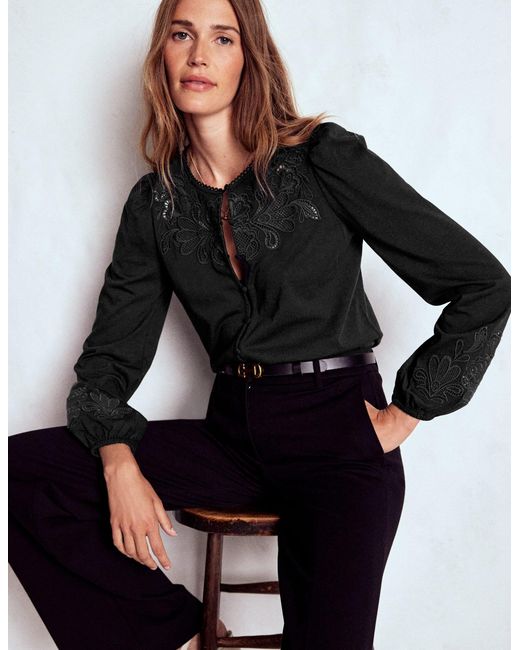 Boden Black Cutwork Detail Jersey Top