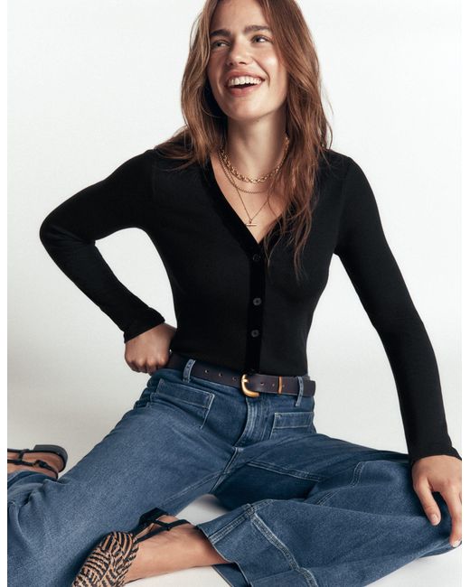 Boden Blue Velvet Trimmed V-Neck Top