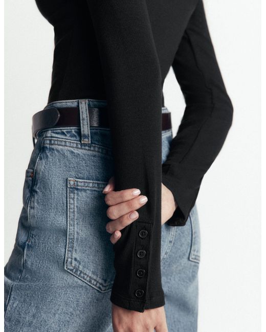 Boden Black Button Cuff Ribbed Boatneck