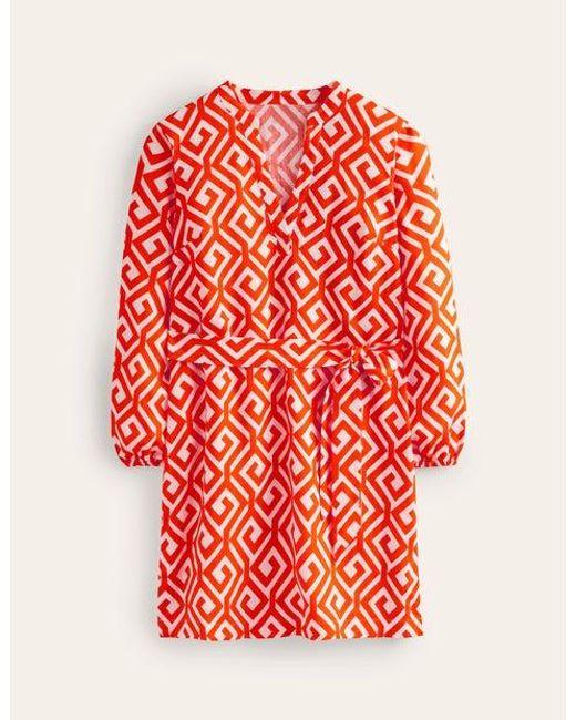 Boden Orange Cleo Linen Tie Waist Dress Flame Scarlet, Maze