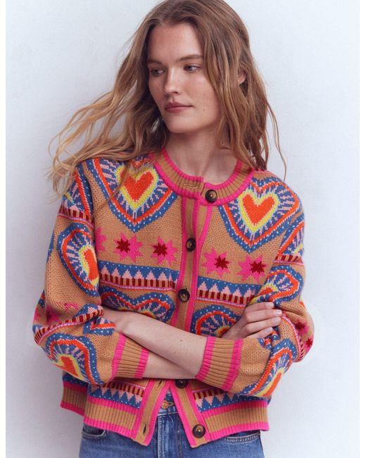 Boden Multicolor Abi Jacquard Cardigan-Camel Melange, Hearts