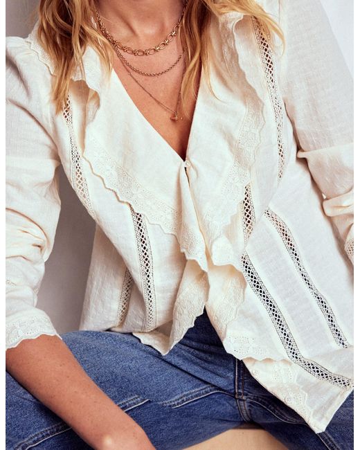 Boden White Ruffle Embroidered Blouse