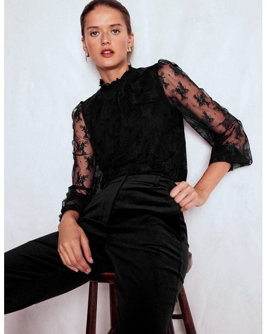 Boden Black Smock Neck Tulle Top