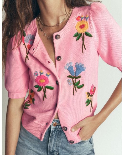 Boden Pink Puff Sleeve Cotton Cardigan