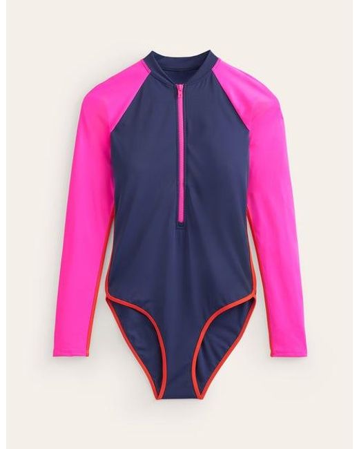 Boden Pink Piped Raglan Sleeve Swimsuit