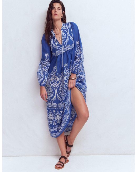 Boden Blue Boho Tie Neck Kaftan Dress