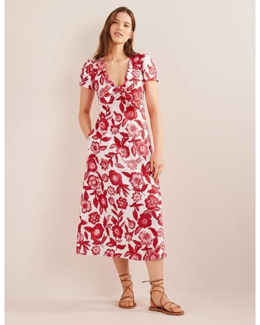Boden Red Tie Front Linen Midi Dress Pop Peony, Pansy Bloom
