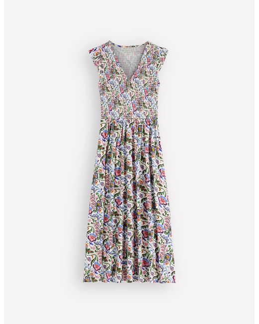 Boden Gray Smocked Jersey Midi Dress
