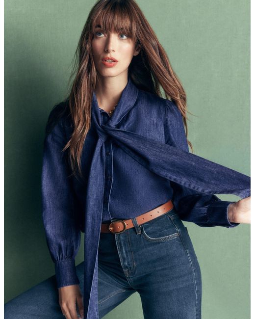 Boden Blue Clara Tie Neck Denim Top