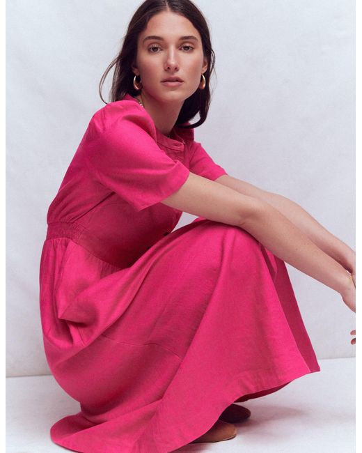 Boden Pink Ivy Button Linen Midi Dress