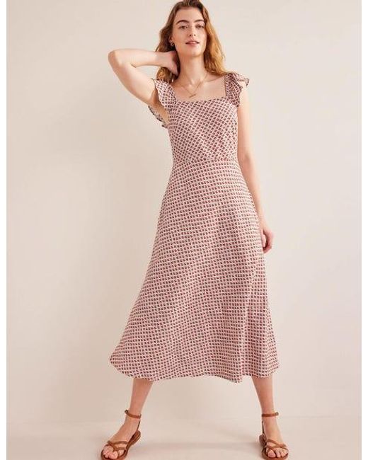 Boden Pink Frill Detail Jersey Midi Dress Vermillion, Bloom Bud