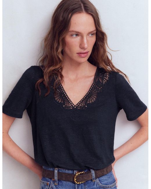 Boden Blue Tara Lace Trim Linen T-Shirt