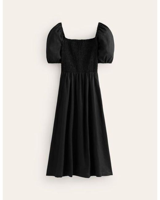 Boden Black Sky Smocked Linen Midi Dress