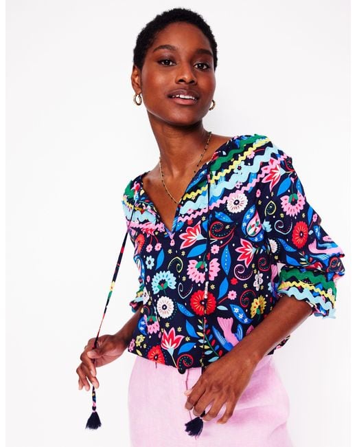 Boden Blue Smocked Cotton Blouse-French, Decorative Garden