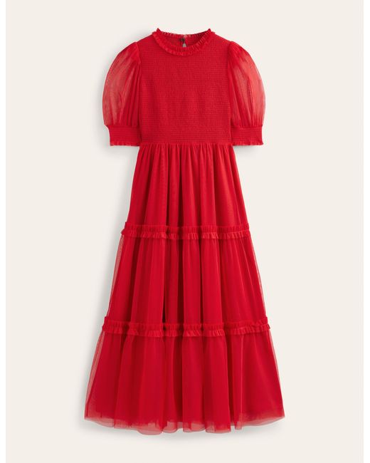 Boden Red Smocked Tulle Maxi Dress