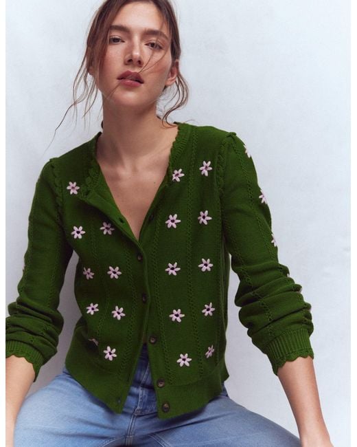 Boden Green Valeria Crochet Trim Cardigan-Promenade Embroidery