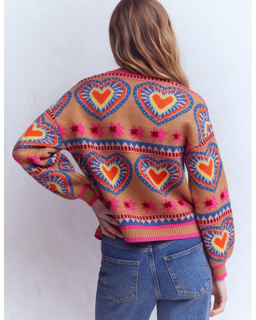 Boden Multicolor Abi Jacquard Cardigan-Camel Melange, Hearts