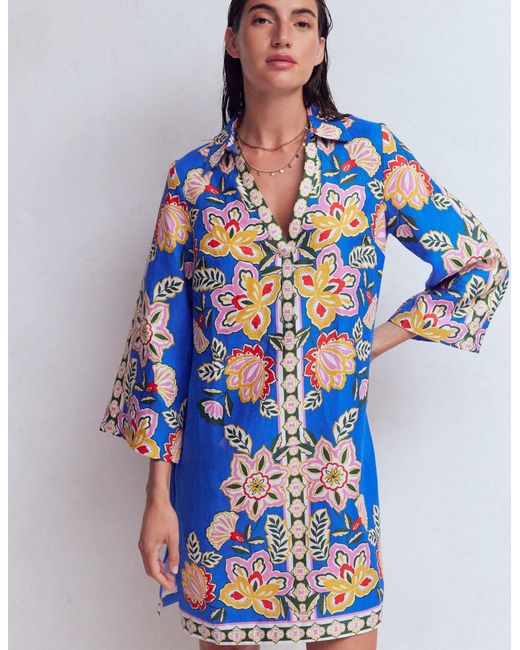 Boden Blue Carmen Linen Short Dress-Bright, Elaborate Terrace