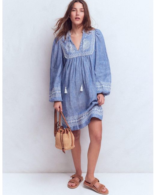 Boden Blue Pia Linen Yoke Tassel Dress