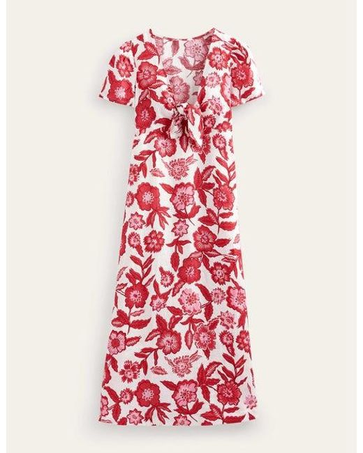 Boden Red Tie Front Linen Midi Dress Pop Peony, Pansy Bloom