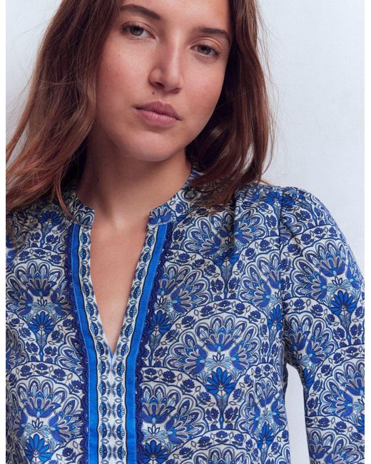 Boden Blue Notch Neck Linen Trim Top- Elaborate Terrace