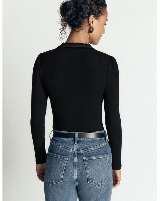 Boden Black Velvet Ruffle Trim Henley Top