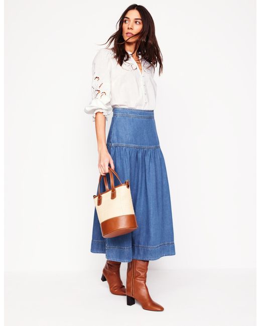 Boden Blue Yoke Detail Denim Midi Skirt
