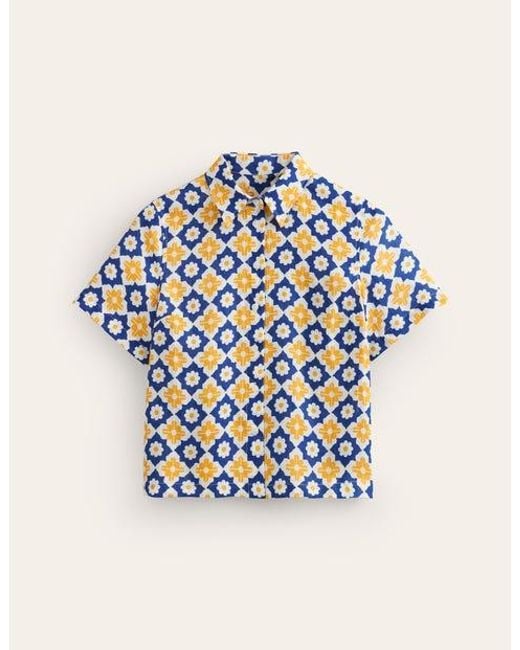 Boden Blue Hazel Short Sleeve Linen Shirt Surf The Web, Geometric Stamp