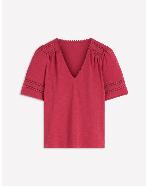 Boden Red Poppy Trim V Neck T-Shirt