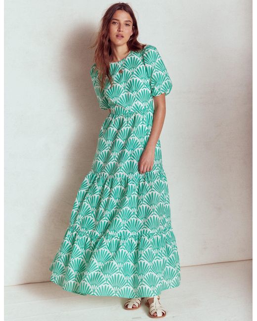 Boden Green Tiered Poplin Maxi Dress-Formica, Bloom Mosaic