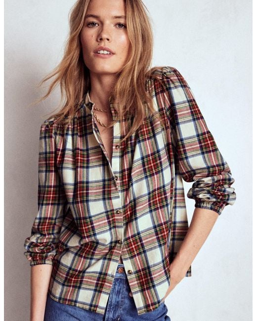 Boden Brown Layla Brushed Cotton Top-Ivory, And Check
