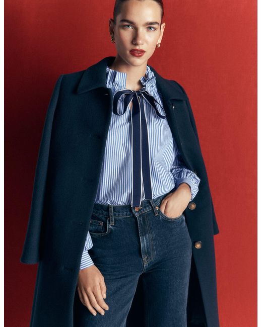 Boden Blue Bow Neck Ruffled Top