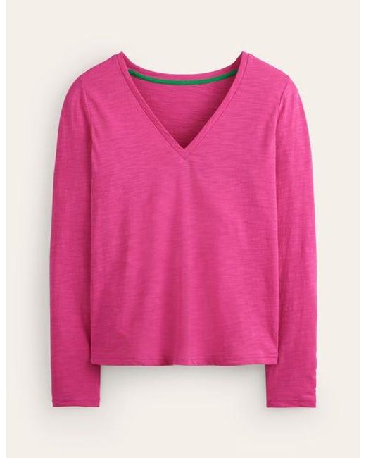 Boden Pink Cotton V-Neck Long Sleeve Top