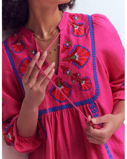 Boden Pink Pia Linen Blend Yoke Dress