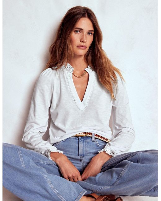 Boden White Aria Broderie Notch Neck Top