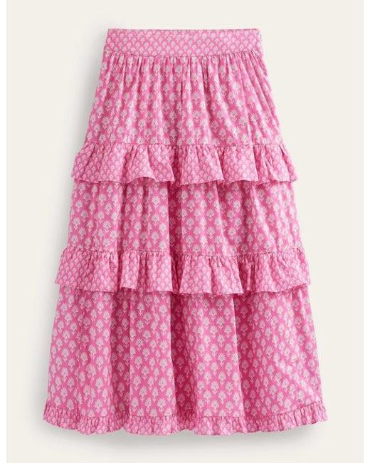 Boden Pink Tiered Cotton Maxi Skirt Plum Blossom, Daisy Pome