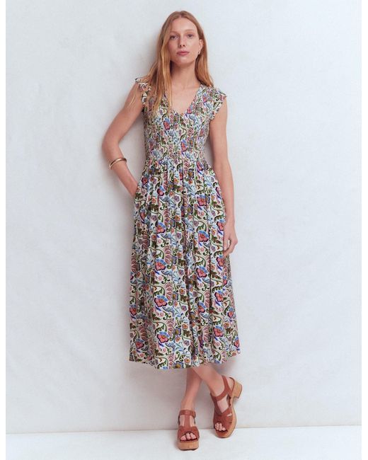 Boden Gray Smocked Jersey Midi Dress