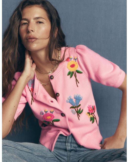 Boden Pink Puff Sleeve Cotton Cardigan