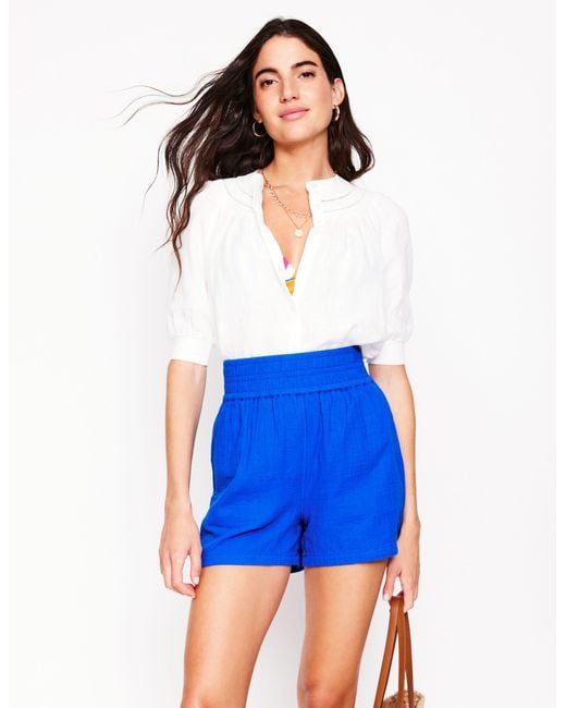 Boden Blue Smocked Double Cloth Shorts
