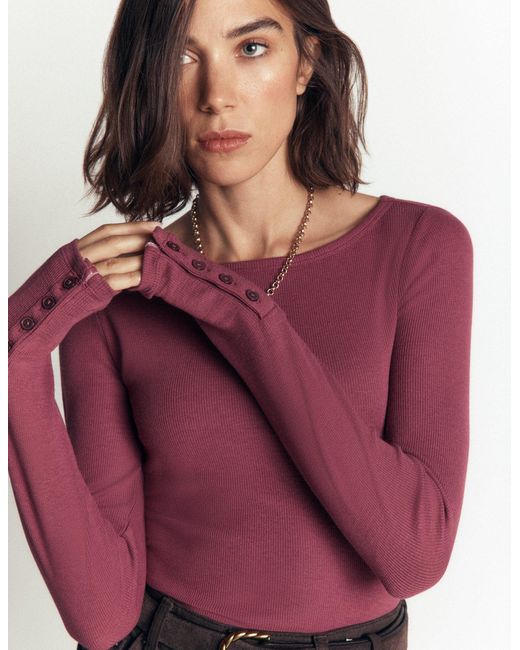 Boden Purple Button Cuff Ribbed Boatneck